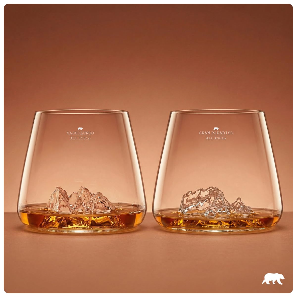 Bicchieri da Whisky 350 ml (confezione da 2) – Borosilicato di alta qualità, soffiati artigianalmente con le montagne in rilievo, forma a tulipano, distillati topografici (Sassolungo & Gran Paradiso)