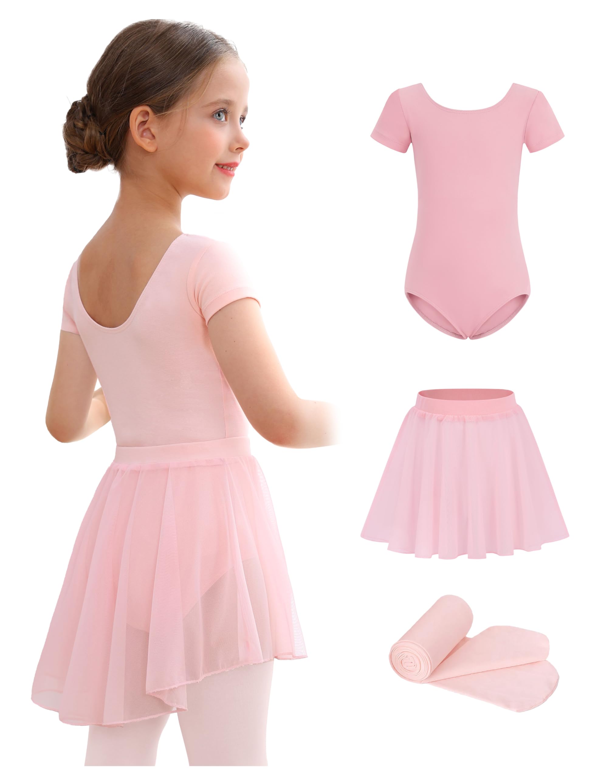 Mecceos Ballet Leotards with Skirt Tights Combo for Toddler Girls Dance Short Sleeve Leotard Ballerina Dresses Outfits (Ballet Pink, 4-6 Years, MEAM-321)