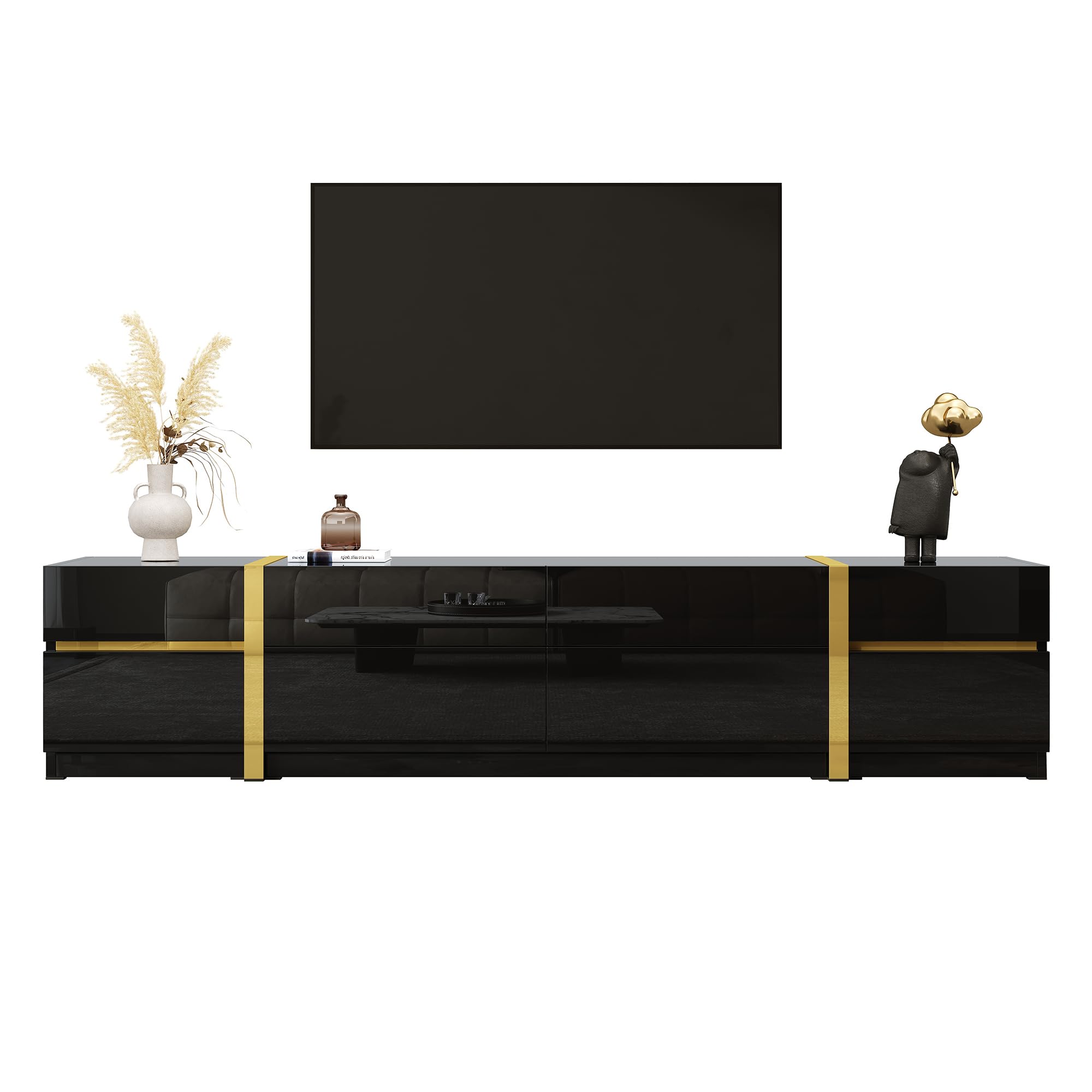 Mueble de TV de MDF moderno, mesa de salón negra con cajones de 180 cm de largo