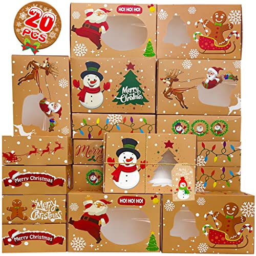 Funnlot Christmas Treat Boxes 20PCS Christmas Baking Boxes Christmas Bakery Boxes With Window Christmas Cookie Boxes 5.7’’x8.7‘’ With Christmas Tags For Box