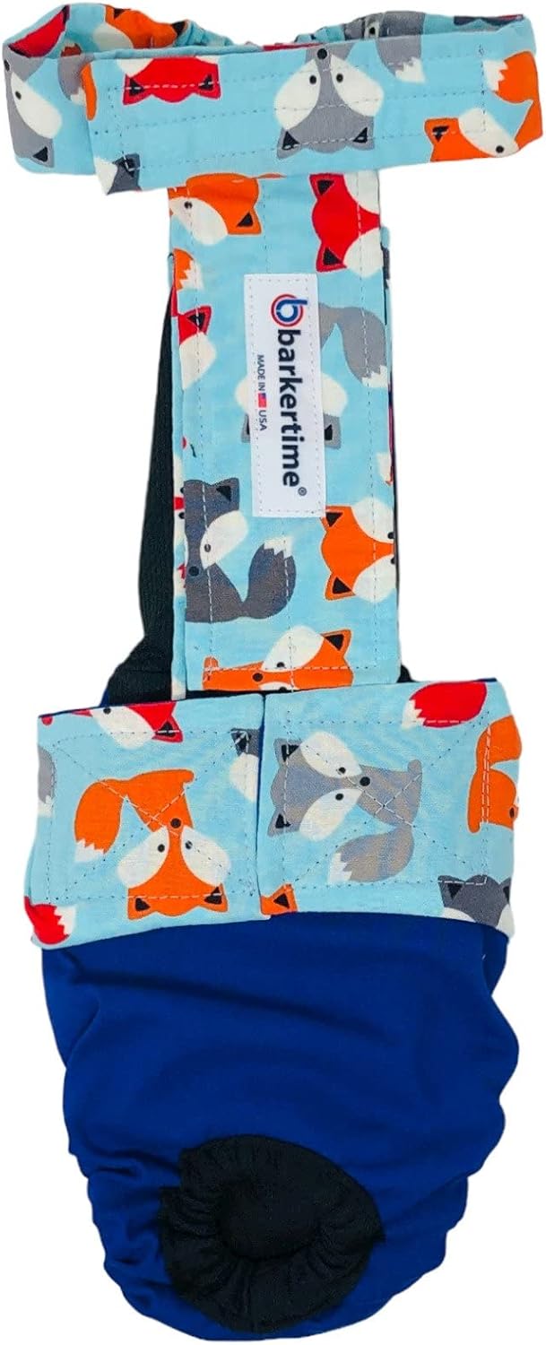 Happy Fox on Blue Dog Diaper Overall, XXL, with Tail Hole - Made in USA
