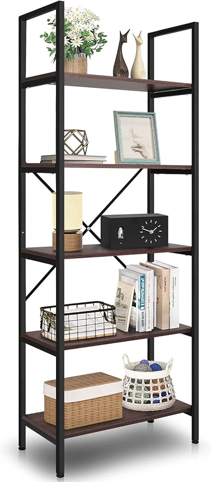Amazon Redkey オープンシェルフ ラック 5段 幅60cm 高さ162cm スチールシェルフ オープンラック おしゃれ 収納棚 フリーラック 多目的ラック 本棚 ディスプレイラック 収納 棚 木製 間仕切り リビング キッチン 収納 ウォールナット オープンシェルフ ラック