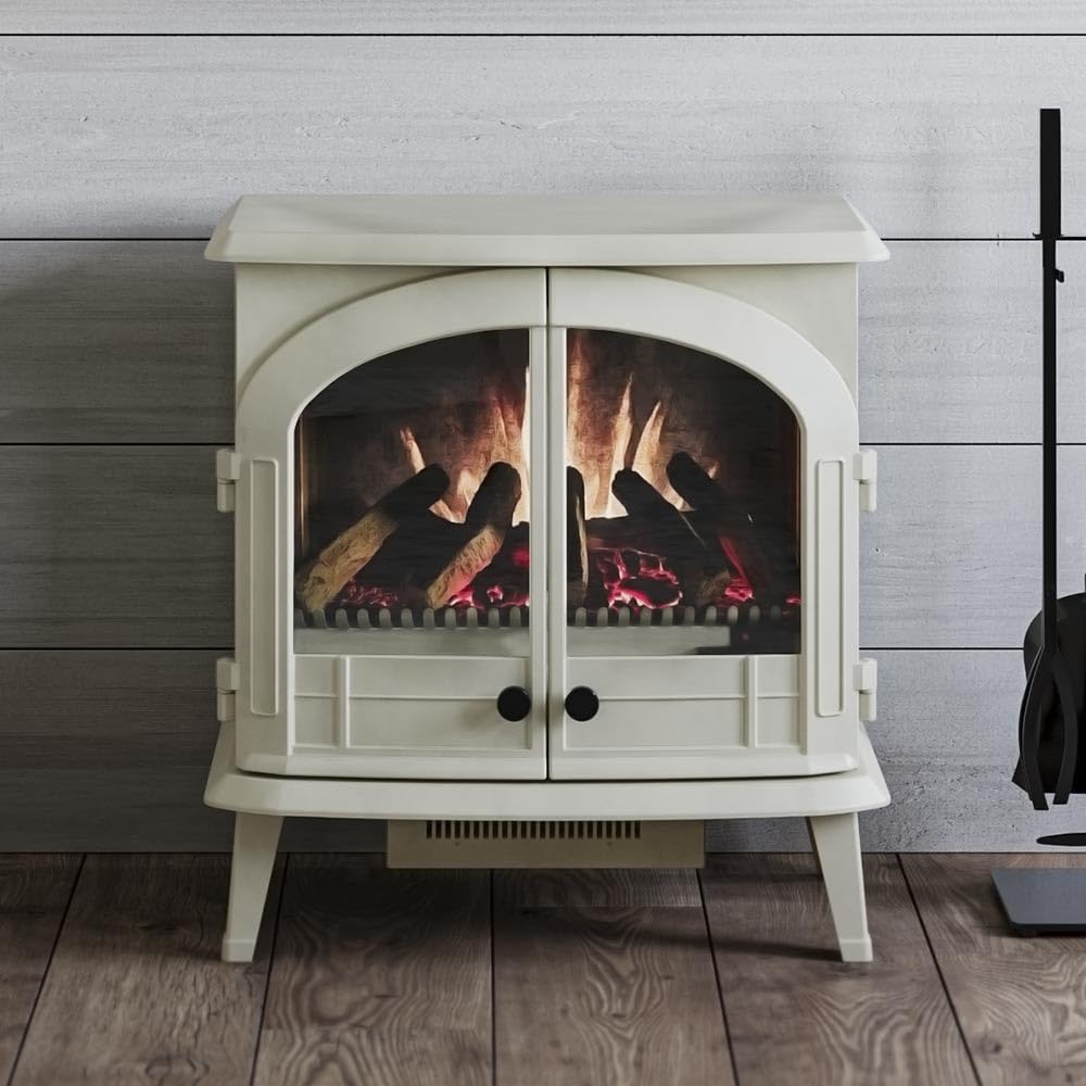 Modern Ember Freestanding Electric Fireplace Stove Heater in Cream with Multi-Color Ember Bed | Smart Technology | WiFi App, Alexa & Google Control | 1500W | Indoor Portable Heater | Safety Shutoff