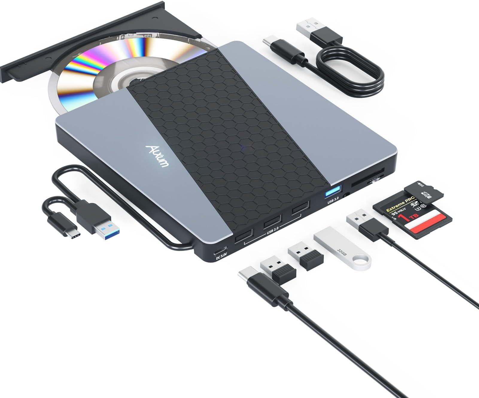 Alxum External CD Drive, 8 in 1 External DVD Drive for Laptop Portable CD Player with Multiple Ports Support Faster Transfer Speed CD 8X DVD 24x for Windows 11/10/8/7 MacOS and More