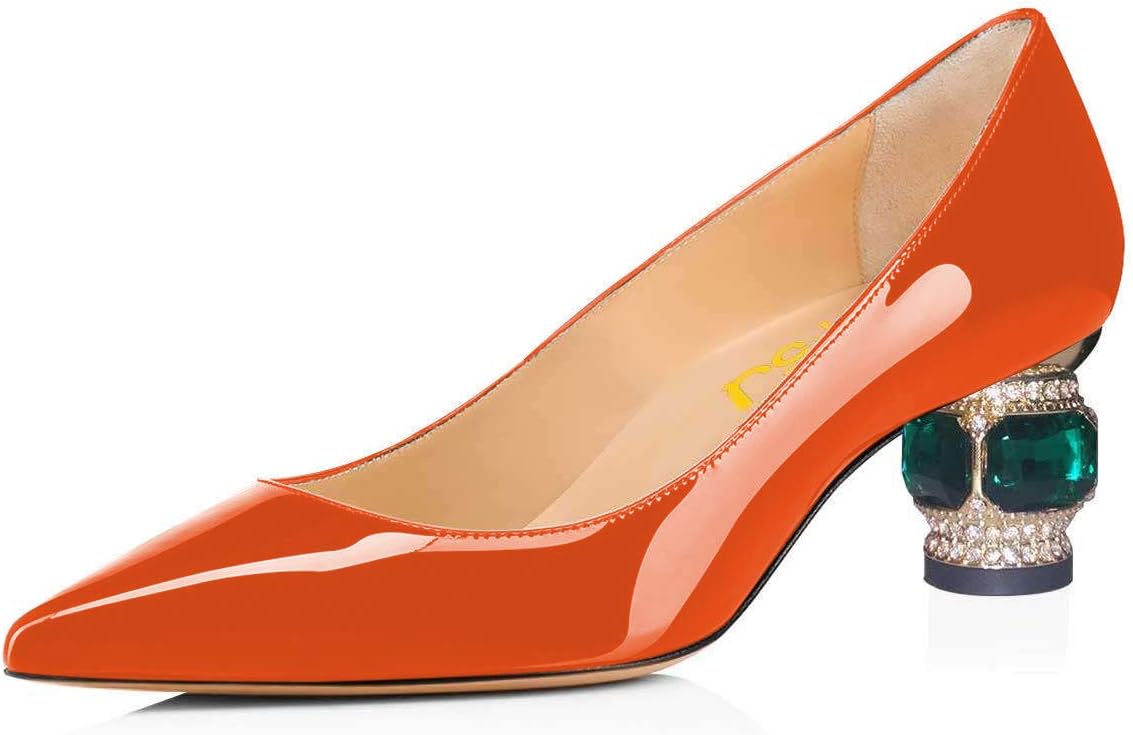 FSJ Women Bridal Pointed Toe Chunky Block Low Heel Crystal Pumps Slip on Wedding Thick Heel Comfort Shoes Size 4-15 US