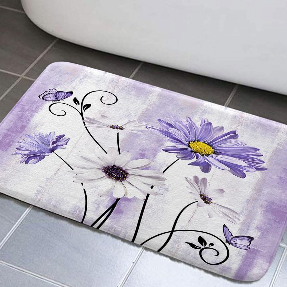 JAWO Teal Floral Bathroom Rugs, Rustic Farmhouse Floral Bath Mats Farm Style Daisy Butterfly on Country Wooden Bath Rugs Cute Door Mat for Shower Tub Hallway, 17"x48" Teal