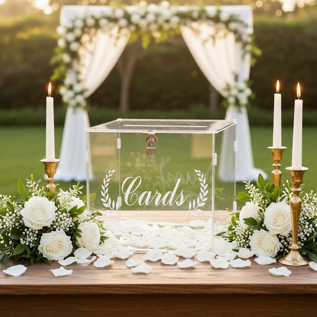 Acrylic Wedding Card Box with Lock, Clear Card Boxes for Wedding Reception with Ear of Wheat Sign for Honey Moon Fund Wedding Decor, Baby Showers, Birthdays, Bridal, Graduation Party Supplies
