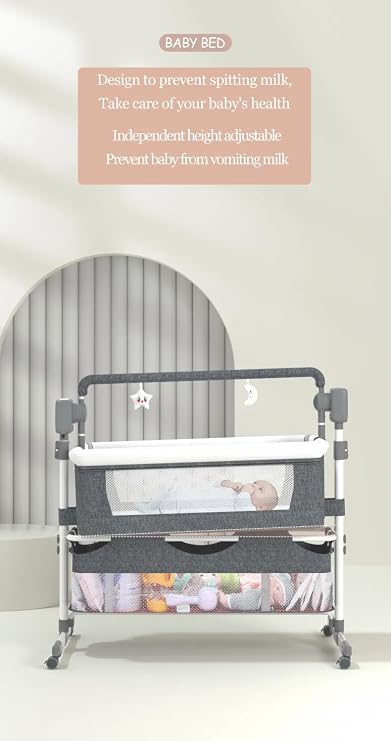 Electric Bluetooth Smart Next to Me Crib, Foldable Convertible Baby Bedside Crib, Co-Sleeping Bassinet, Infant Bedside Sleeper Cradle with Remote, 5 Swaying Gears and Music (Brown)
