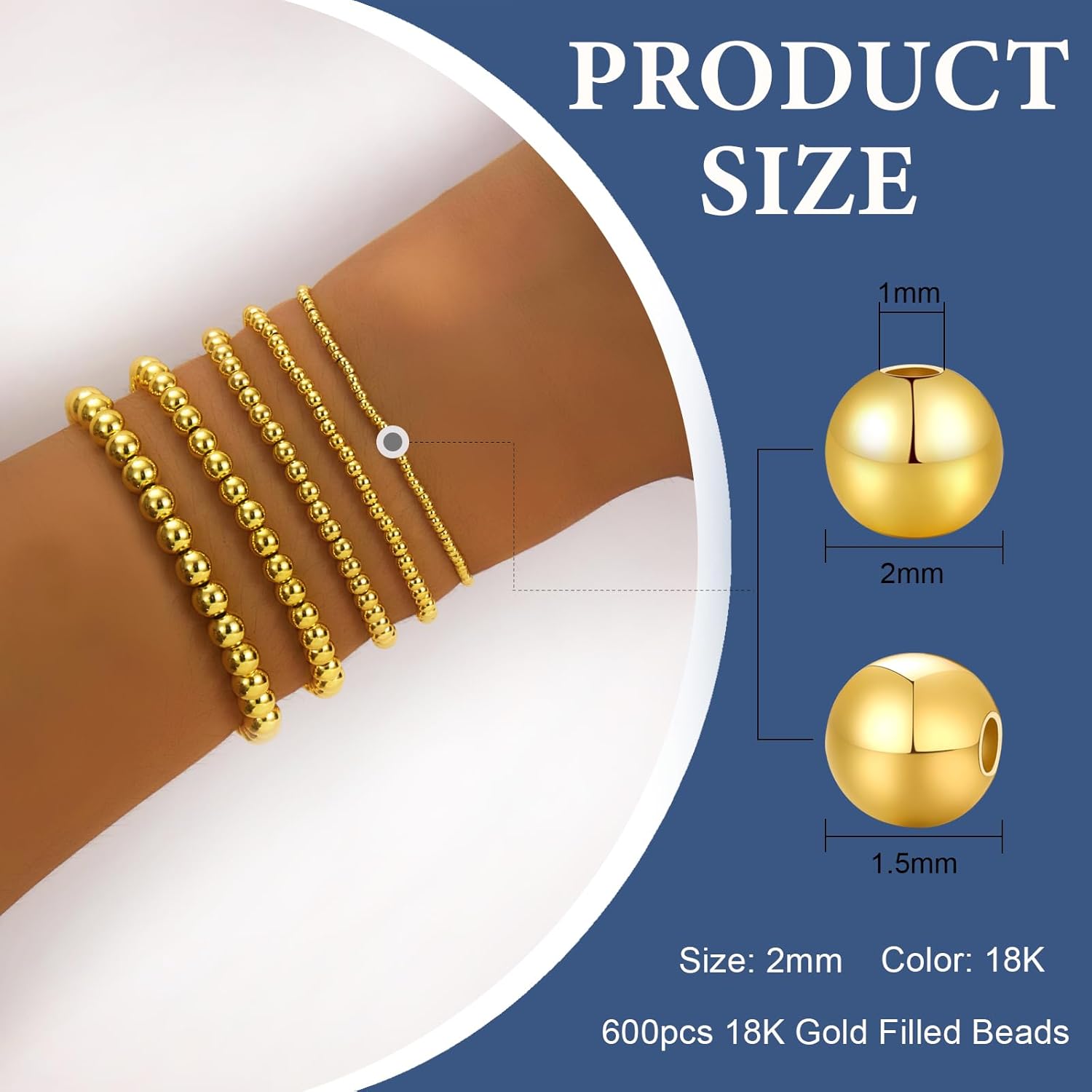 600pcs 18K Gold Filled Beads for Bracelets 2mm Round Smooth Spacer Mini Seamless Brass Beads for DIY Crafts Jewelry Making - Image 3