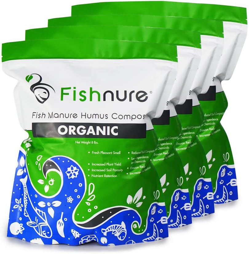 Fishnure - Humus Fish Compost Fertilizer for Indoor Plants, Outdoor Houseplant Fertilizer, Plant Food for Houseplants, Gardening Essentials, Gardener Gifts, 32 lbs (4 8-lb Packs)