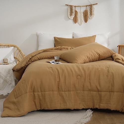 Miniatura 7 de Merryword Juego de edredón de lino francés tamaño King, juego de ropa de cama de lino natural de color caqui, suave, transpirable, ropa de cama de