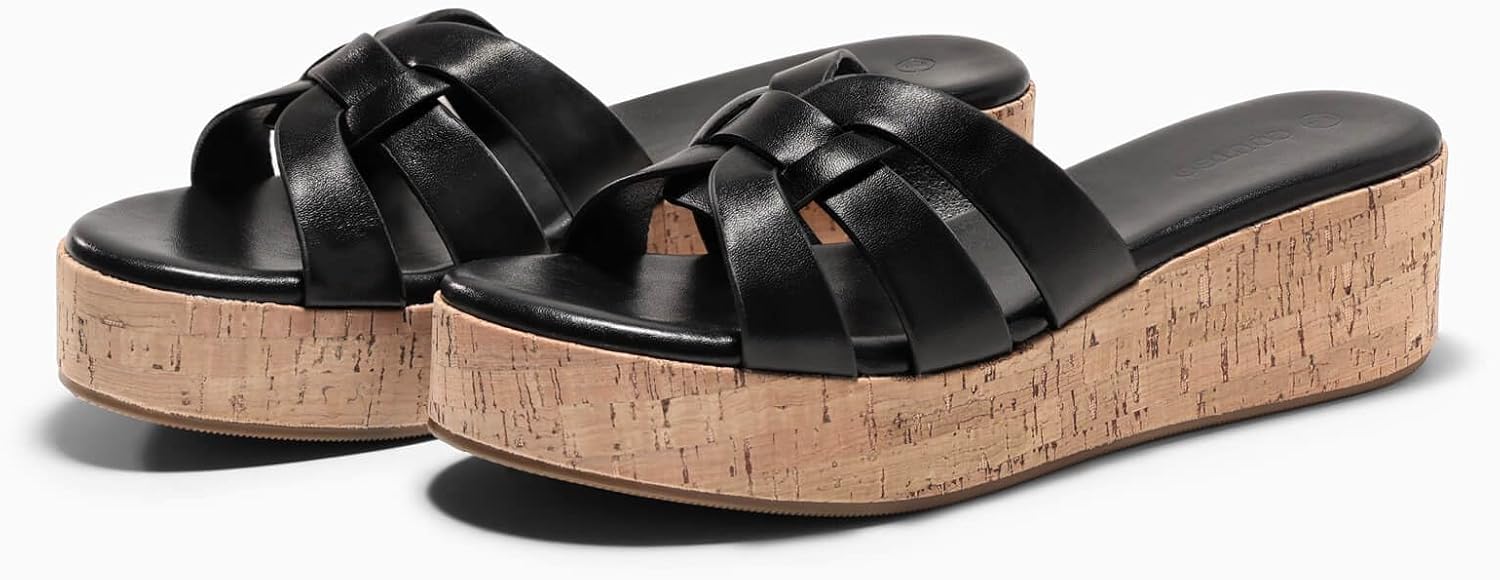 Coutgo Women's Platform Sandals Open Toe Slip On Low Wedge Slides Cork Heeled Beach Vacation Shoes - Image 6