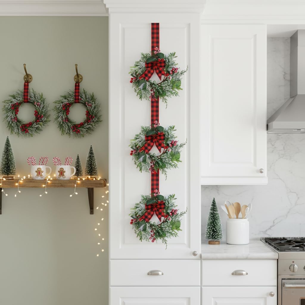 4 Pcs 9.5 Mini Christmas Wreath for Cabinets, Christmas Wreath for Kitchen Decor, Mini Wreaths with Ribbon and Cherry, Door or Kitchen Decor