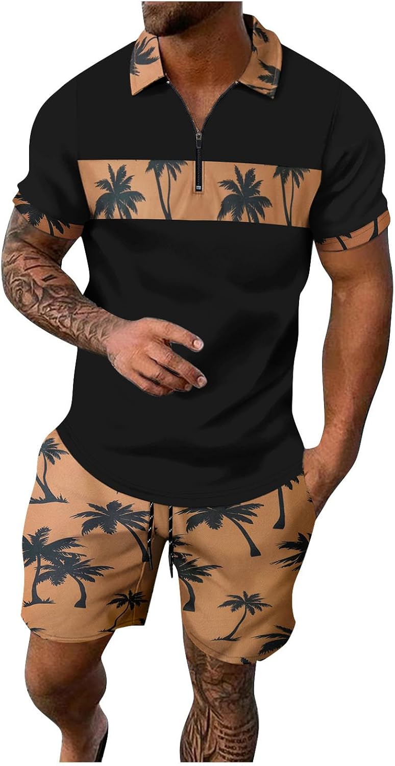 Men’s Polo Shirt & Shorts 2-Piece Set Joggers Sports Suit Casual Running Sport Sweat Activewear with Pockets Men’s Casual Tracksuit Set Mens Co Ord Sets Shirt and Shorts Golf Mens Summer