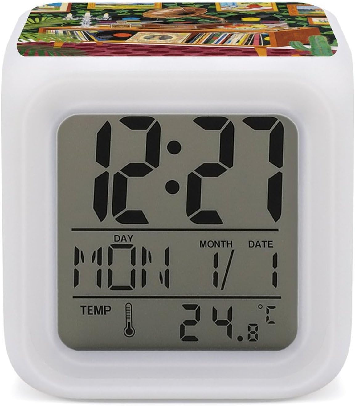 Music Art Illustration Small Alarm Clock, 7-Color LED Digital Clock