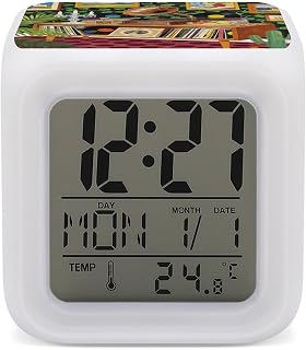 Music Art Illustration Digital Alarm Clock Alarm Clock for Bedroom | Large LED Display Desk Clock with Night Light, Indoor Temperature 7-Color Night Light for for Bedside Nightstand/Travel
