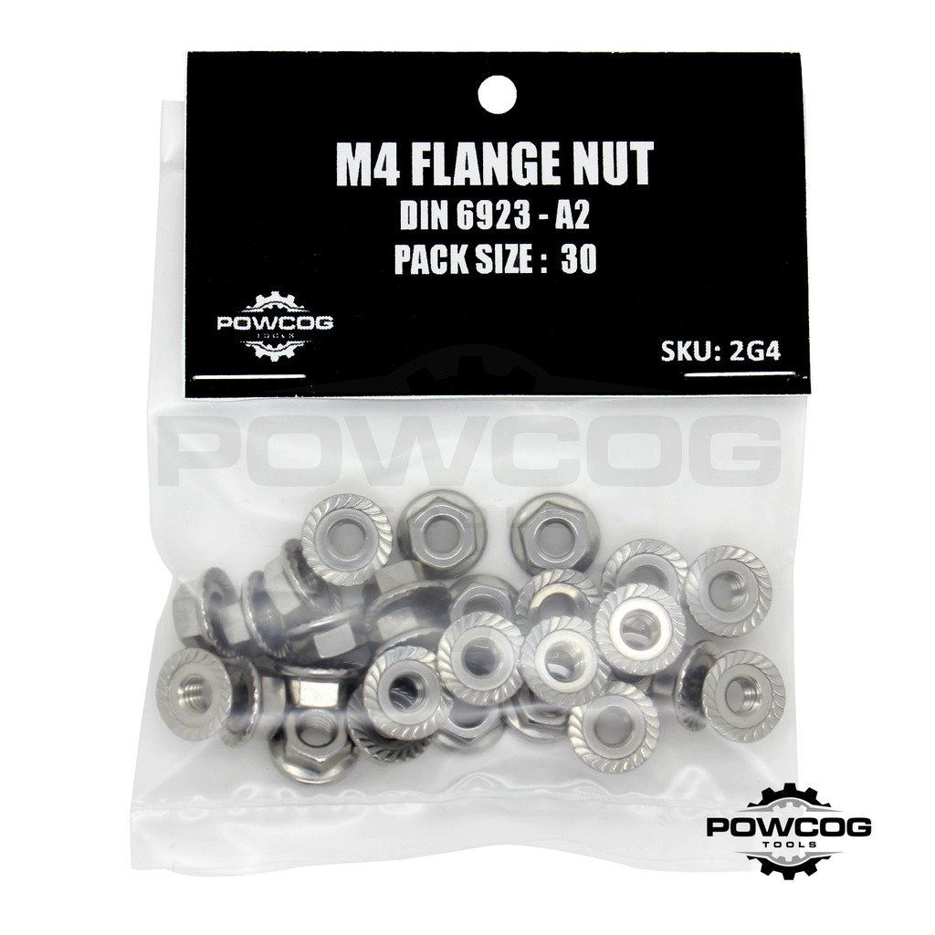 M4 Serrated Flange NUT - A2 Grade 304 Stainless Steel 4mm Metric Hexagon Nuts - DIN 6923 - by POWCOG® - Pack of 30