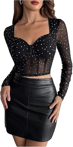 MakeMeChic Women's Sparkly Rhinestone Mesh Sheer Crop Tops Sweetheart Neck Long 