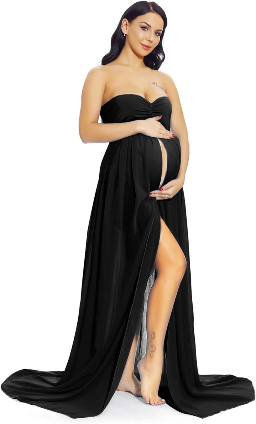 ZIUMUDY Maternity Chiffon Strapless Maxi Photography Dress Split Front Gown for Photoshoot