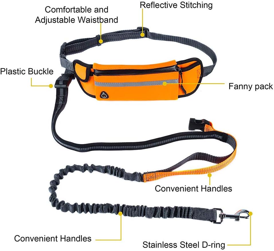 Hands Free Dog Leash for Running Walking Jogging Training Hiking, Retractable Bungee Dog Running Waist Leash Pack Training Belt for Small To Medium Dogs,Adjustable Waist Belt, Reflective Stitches