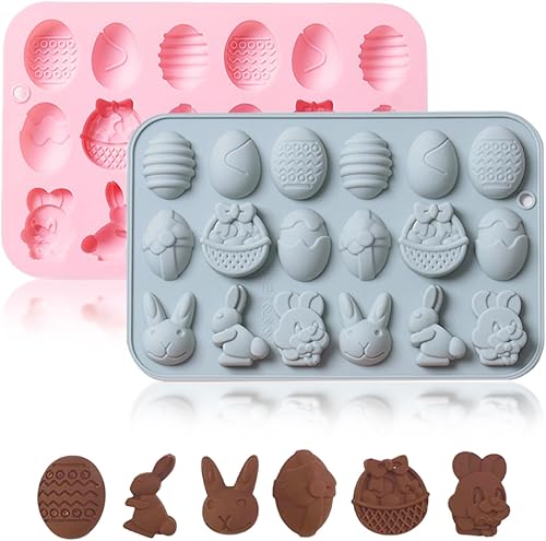 Juego de 2 moldes de silicona para chocolate de Pascua 36 cavidades de conejo, huevo, cabeza de conejo, formas de cesta, moldes antiadherentes de