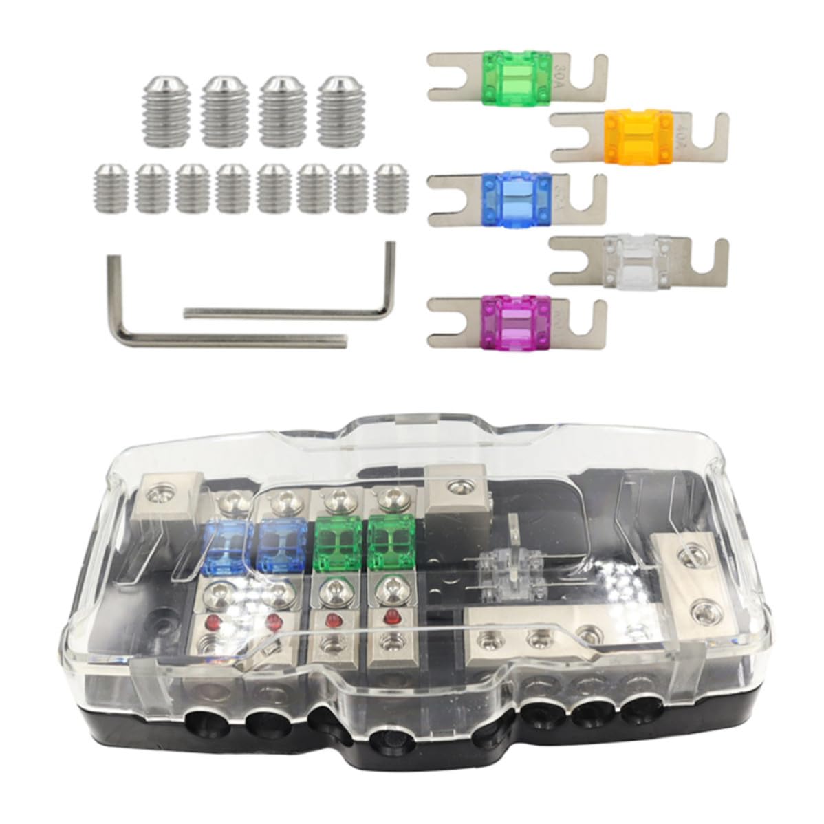SHINEOFI Multifunktionaler Sicherungsblock 2 in 4 mit Licht Transparenter Kunststoffgehäuse und Zinklegierung für Anhänger und Camping Solarpanels