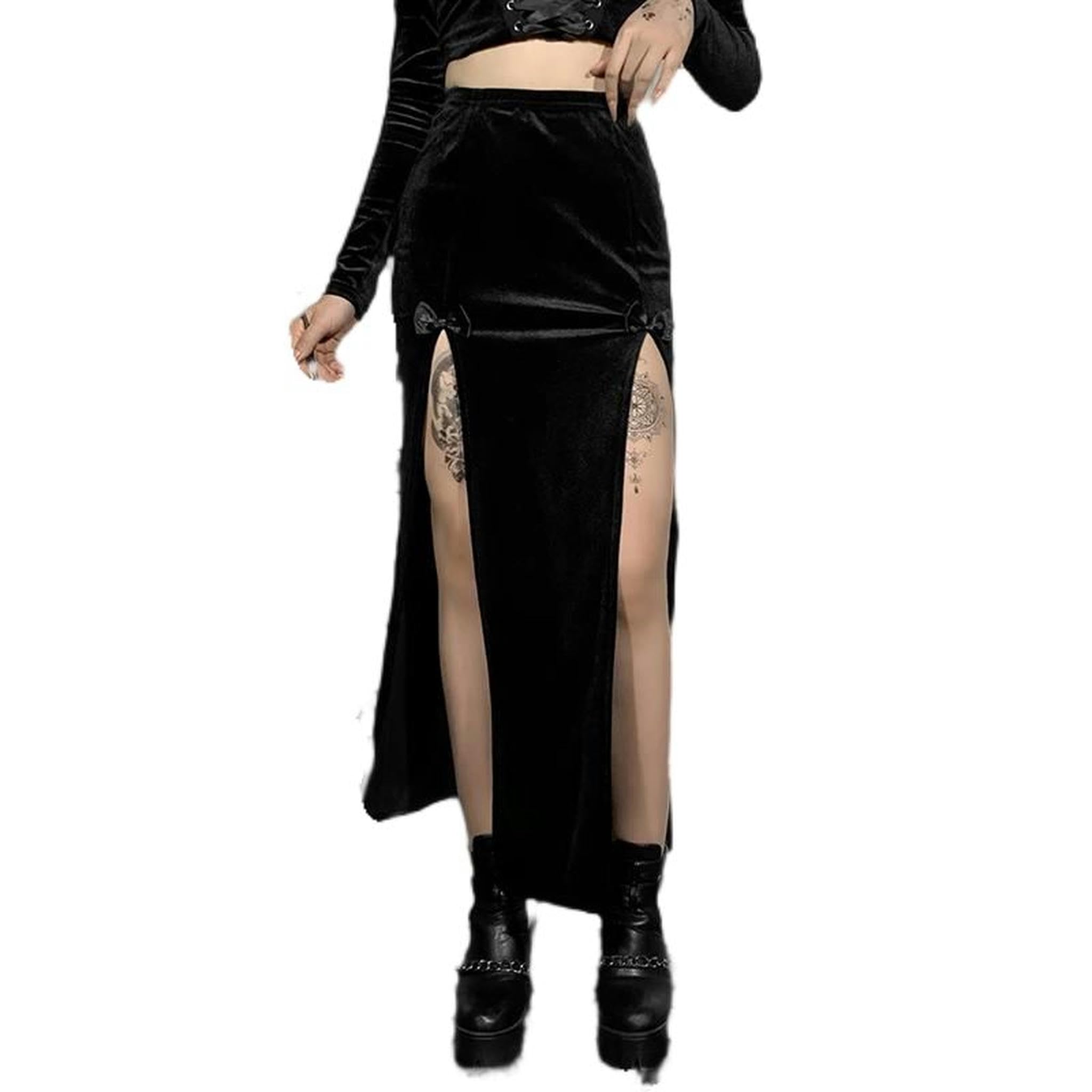 Faldas divididas Estética Cintura Alta Falda Larga Elegante E Girl Punk Ropa de Fiesta Ropa-Negro-S
