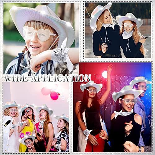 Unittype 18 Pack Cowboy Hat Set Bride Cowgirl Hat Space Cowboy Led Hat With 6 Glasses 6 Bandana For Women Cowboy Costume (White) #TOP4