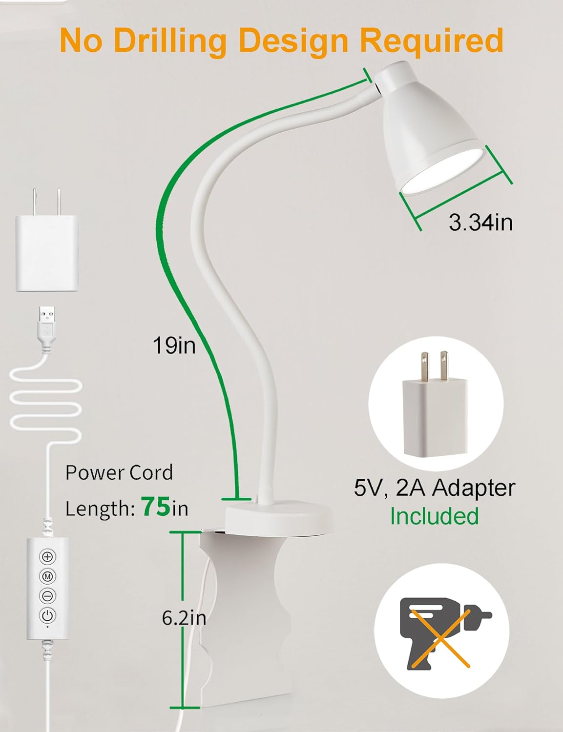 BOHON No Install Bedside Reading Light, Clip-Free Wall Mounted Lamp with 5 Colors & 10 Brightness Levels, Flexible Gooseneck, 30 Min Auto-Off Timer, Bed Lights for Headboard, Bedroom, Dorm (White)