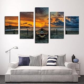 YING Barca a Vela al Tramonto con Vista sul Mare 5 Pezzi Quadri su Tela Quadro Immagini Murale Moderno Stampe Multipannello Poster Astratto Stampa Soggiorno della Camera Letto Decorazioni per la casa
