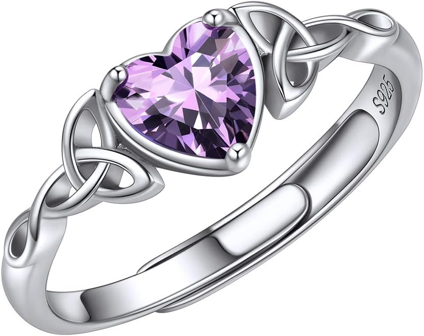 925 Sterling Silver Heart Birthstone Ring for Women Adjustable Silver Celtic Knot Ring Promise Jewellery（With Gift Box