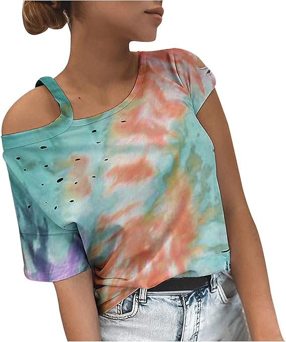 Amazon カットソー レディース 半袖 Tシャツ オフショルダー トップス 創意デザイン カジュアル スリム ワンショルダー 肩だし 着痩せ セクシー かっこいい Kukoyo タイダイ染め ｔシャツ シンプル 薄手 快適 韓国風 通気性 パーティー Tシャツ カットソー 通販
