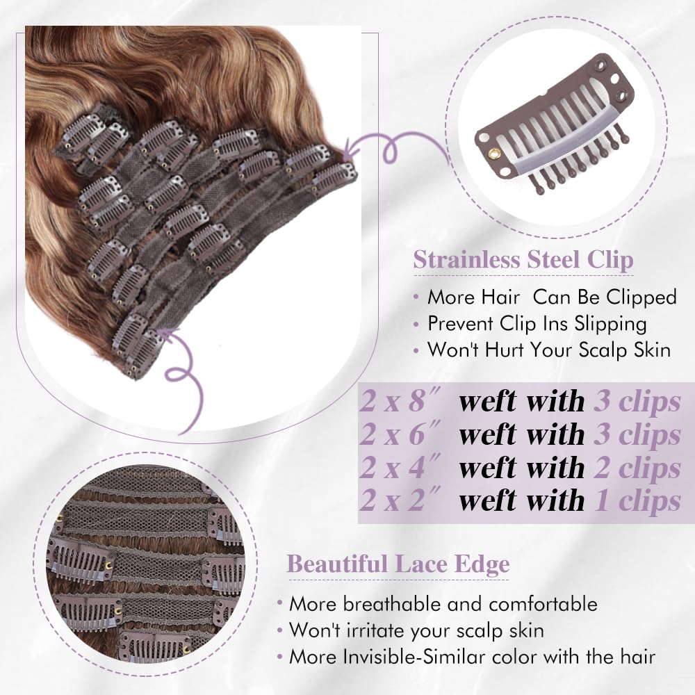 #P4/27/4 Body Wave Clip In Hair Extensions Real Human Hair 14Inch Remy Highlight Human Hair Extensions Clip Ins for Black Women 8 Pcs 18 Clips 120g Balayage Chocolate Brown to Caramel Blonde