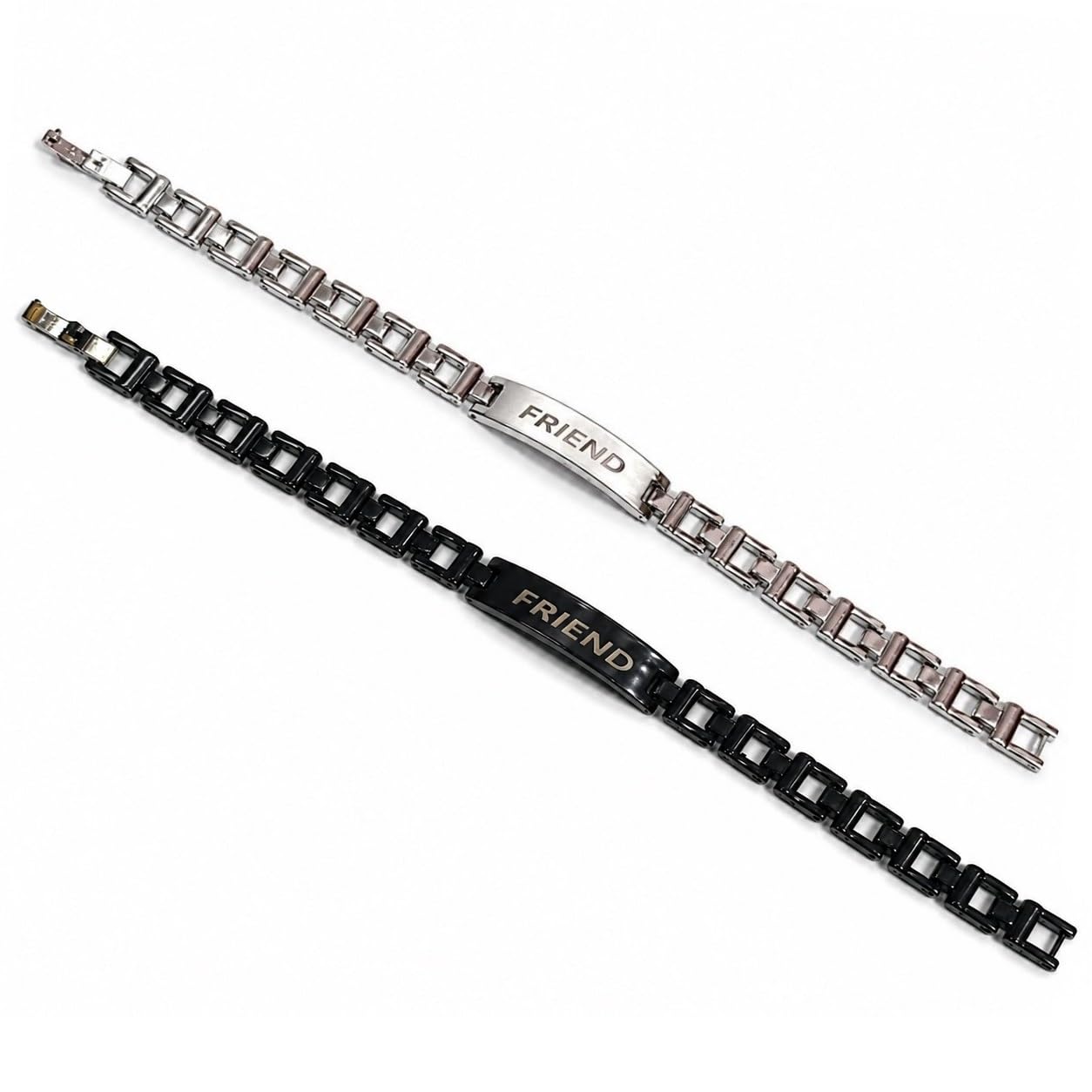 Combo Of Silver & Black Anti-Tarnish Friendship Bracelets With Friend Engraved ID With Metal Plate & Chain Link Design Aesthetic Accessory For Him/Her-image-21