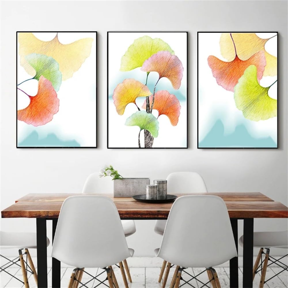 WUHBCZ Canvas Paints-Abstract Colorful Watercolor Blooming Texture Printing Ginkgo Leaf Painting Canvas for Living Kitchen Office Room Home Decoration-60 * 70cm/3PCS (No Frame)