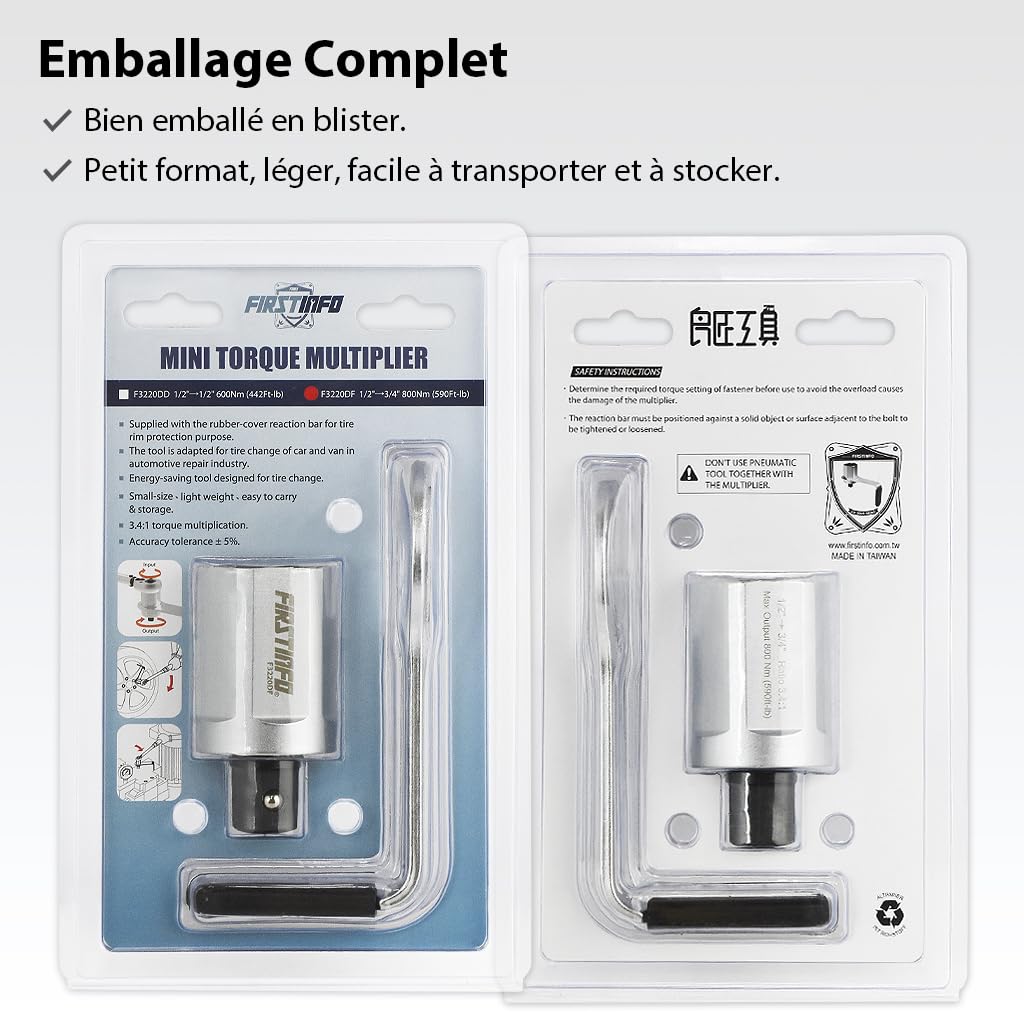 FIRSTINFO F3220DF | Multiplicateur de Couple Manuel 800 Nm 3,4:1 | Clé avec Adaptateur 1/2" Femelle vers 3/4" Mâle | Pour Écrous de Roue Auto
