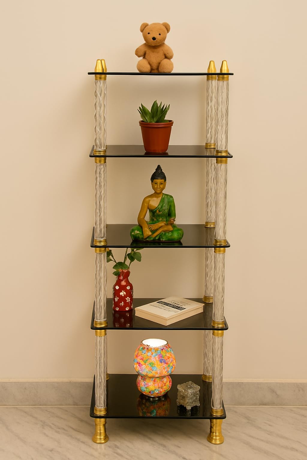 DPH 5-Tier Floor Standing Home Decor Glass Corner Shelf (Black Shelves with Silver Gold Pillars)