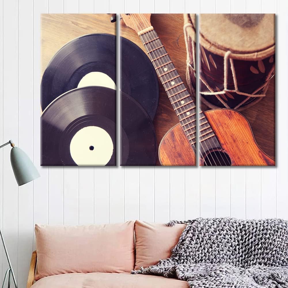 Vintage Acoustic Guitar Drum A Wooden Background Canvas Paintings Bedroom Canvas Wall Art 3 Panel Vintage Records Wall Art for Living Room Violin Pictures Posters and Prints Ready to Hang (36"Wx24"H)