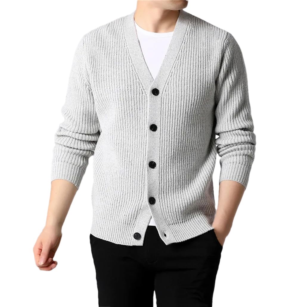 Dninmim Suéter delgado a rayas para hombre, cárdigan otoño/invierno con cuello en V de un solo botonadura