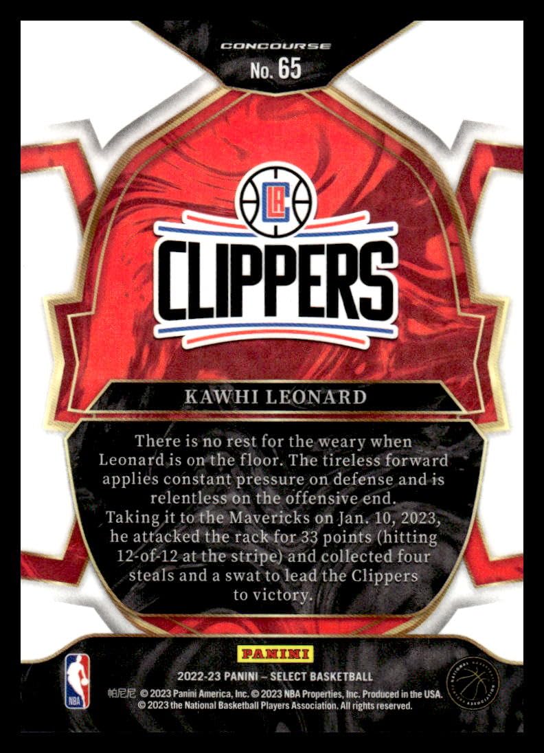 Amazon.com: 2022-23 Panini Select Blue #65 Kawhi Leonard Concourse