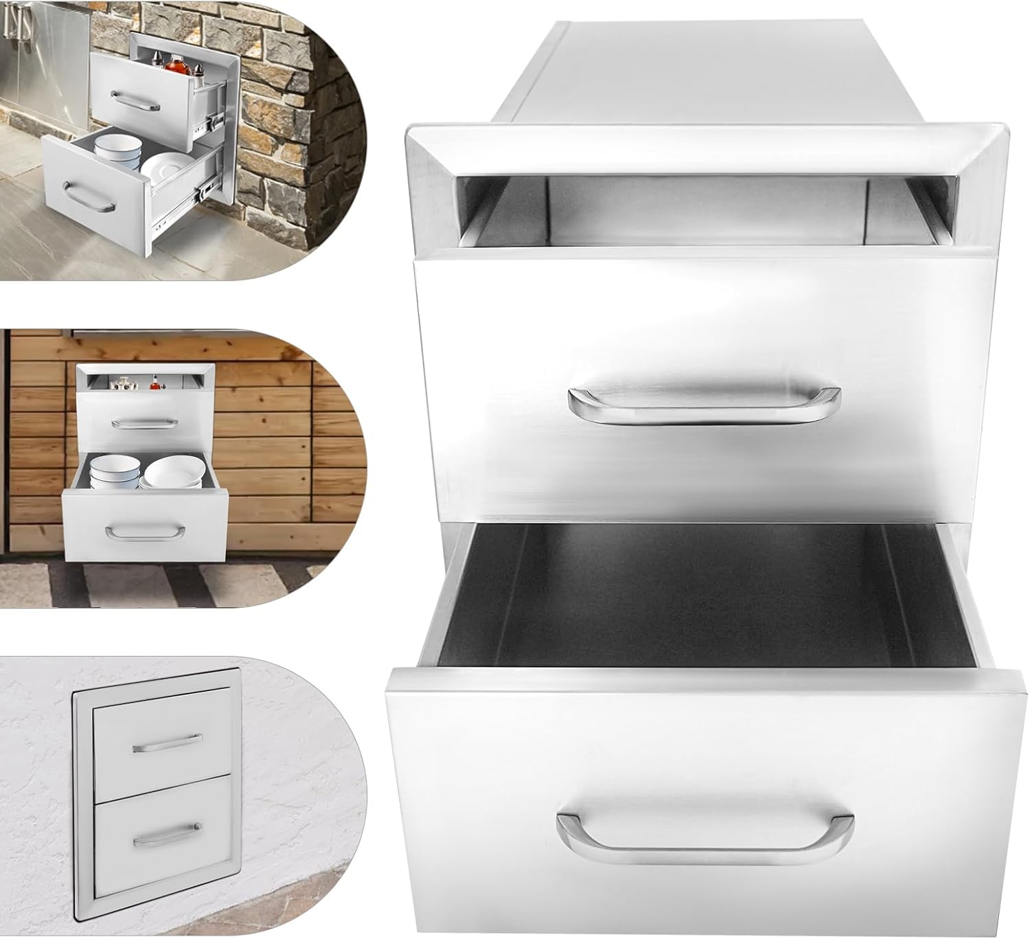 Outdoor Kitchen Drawers 14 * 14.3 * 23" Flush Mount Double Access BBQ Drawers Stainless Steel Pull-Out BBQ Island Drawers 2 Layer Pull-Out Kitchen Drawers for Patio Grill Station