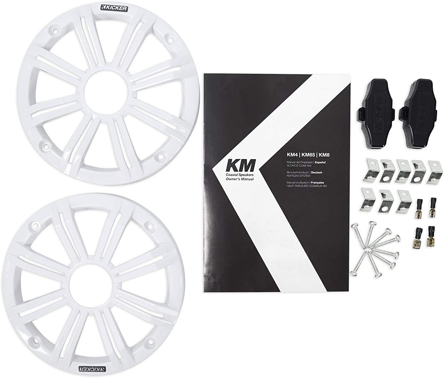 Kicker 45KM654 6.5 Inch Marine Coaxial Boat Speakers with Black and White Grilles, 4-Ohm, 195 Max Watts (4 Pack)
