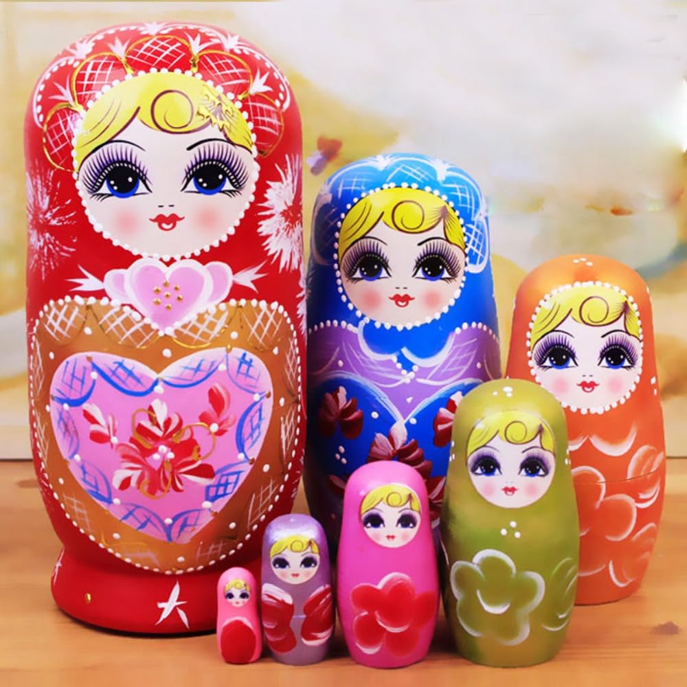 Russian Nesting Dolls Matryoshka 7 Piece Set Red Love Hand Painted Wood