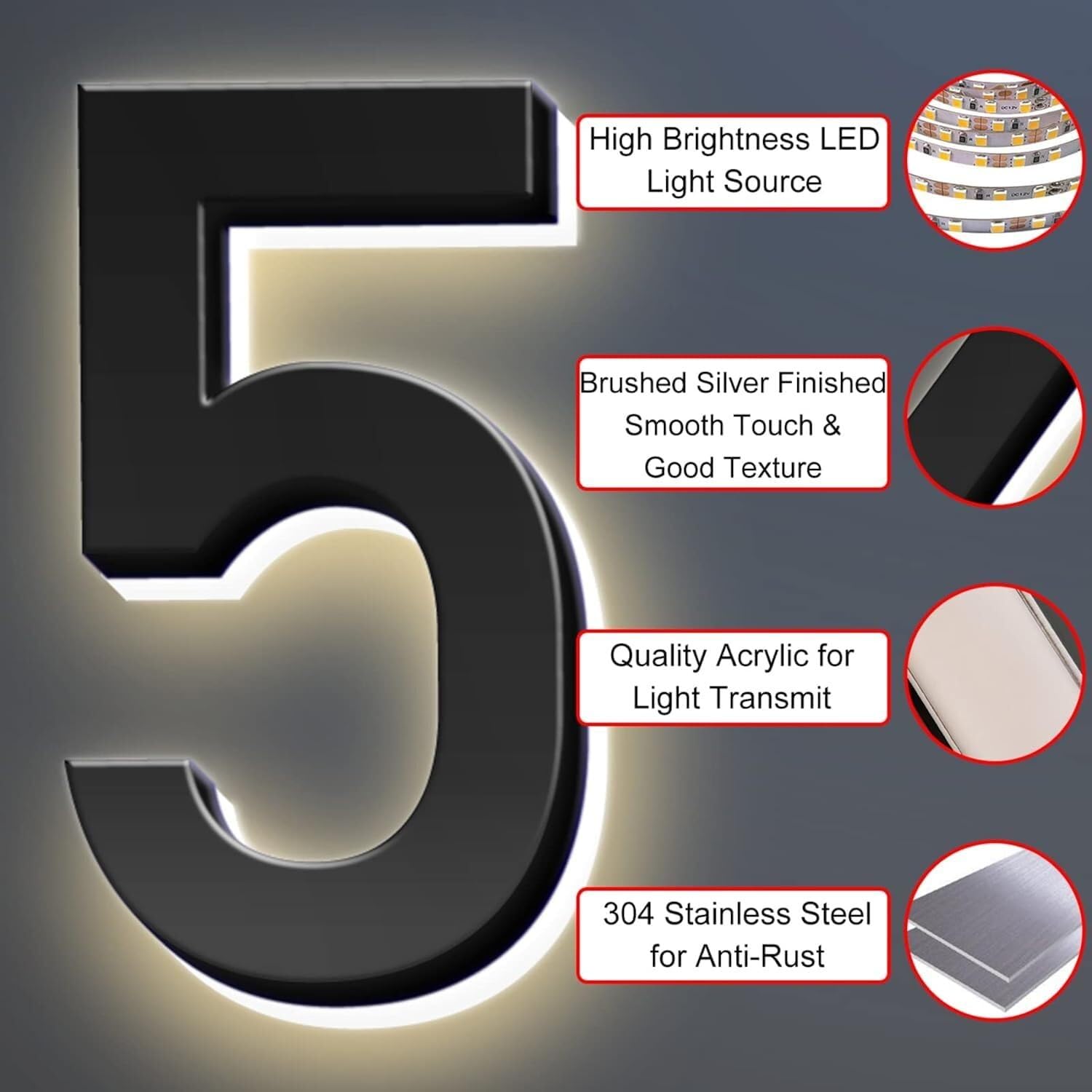 Numery domów, numery domów podświetlane diodami LED, podświetlane nowoczesne numery domów, podświetlane numery domów na zewnątrz.(I,6 cala/150 mm)