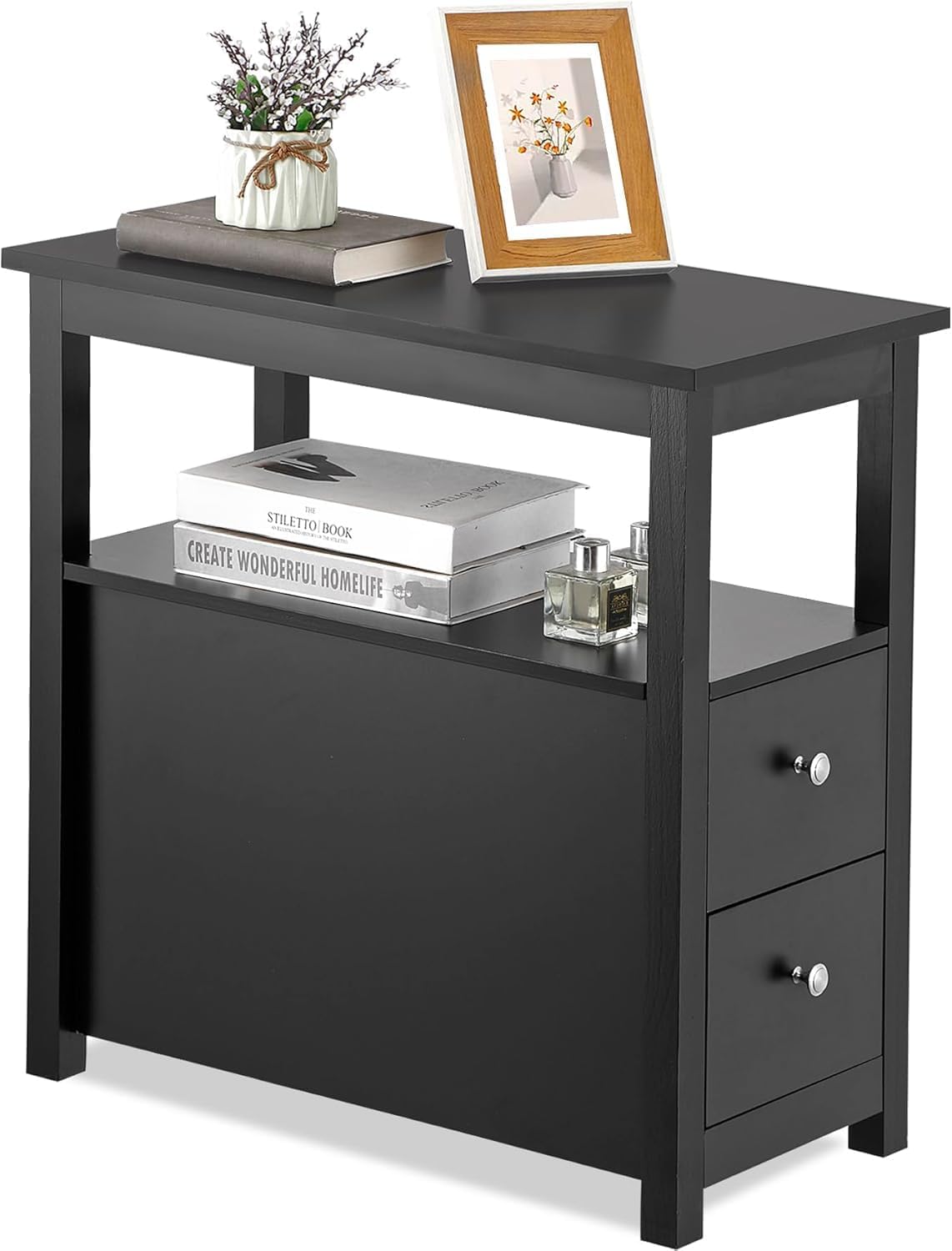 Side Table End Table Narrow Sofa Table Rectangular Side Cabinet with Drawers and Shelf for Living Room, Multi-Functional Table Furniture, Black
