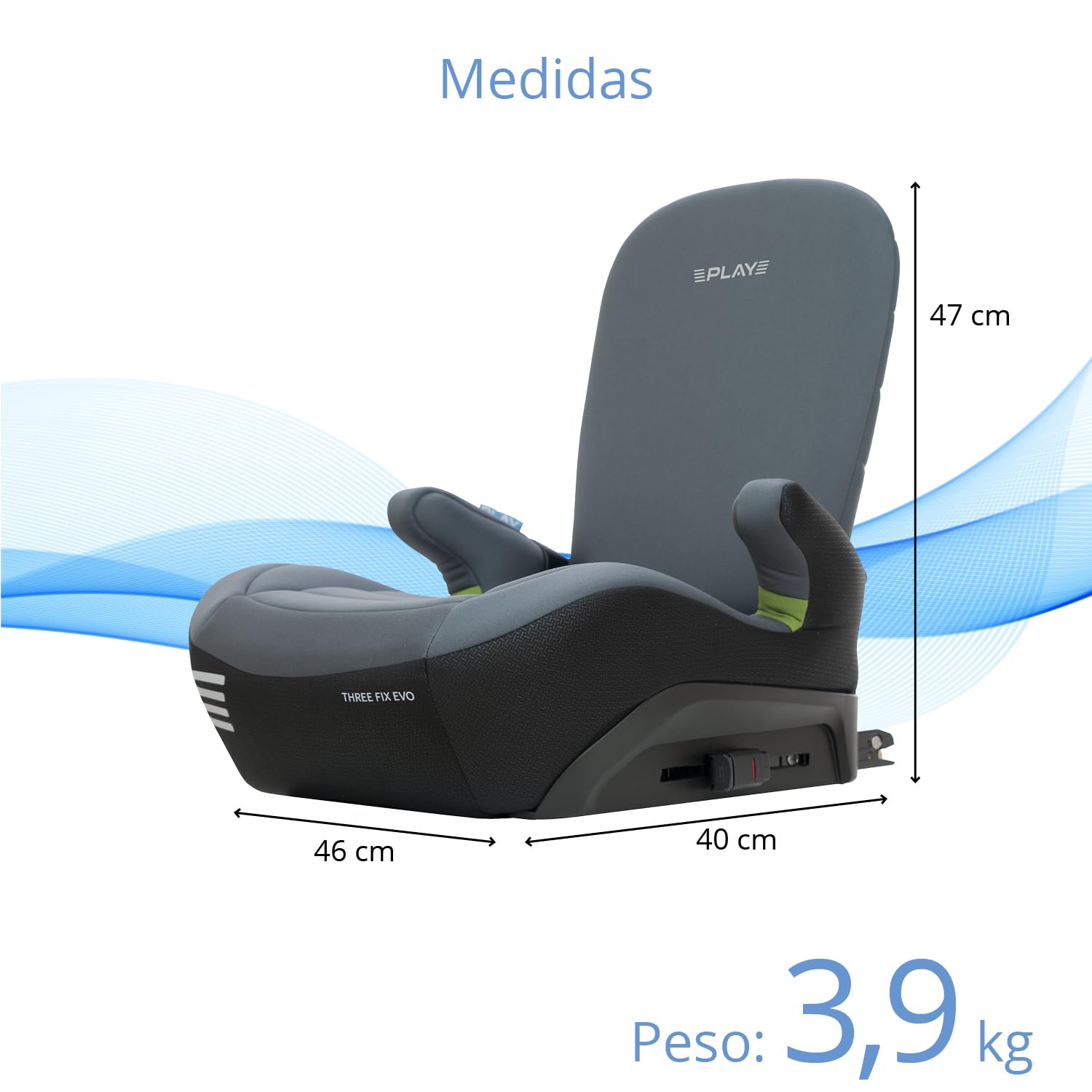 Play Three fix evo, Siège auto Rehausseur ISOFIX, Rehausseur auto léger, de 6 à 12 ans, 22-36 kg, 125-150 cm, Tinted Grey (Gris)