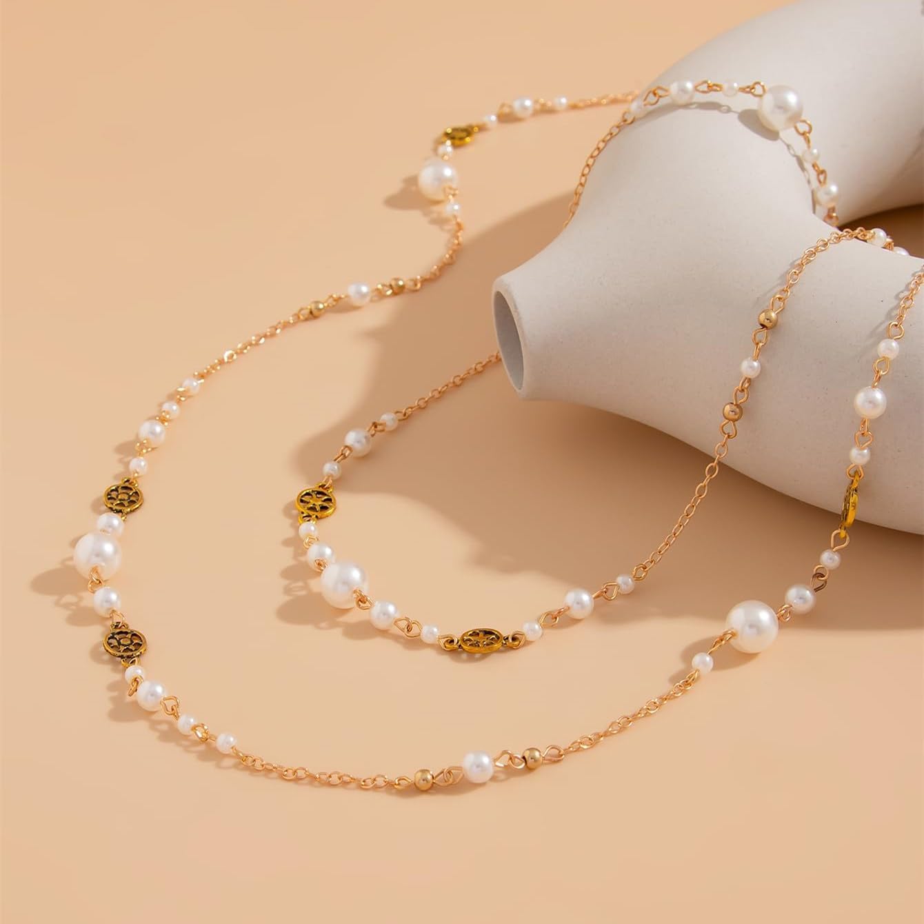Long Pearl Layered Necklaces for Women Trendy Dainty Pearl and Gold Necklace Flower Statement Sweater Strand Choker Silver Chain Jewelry Gift Accessories - Image 4