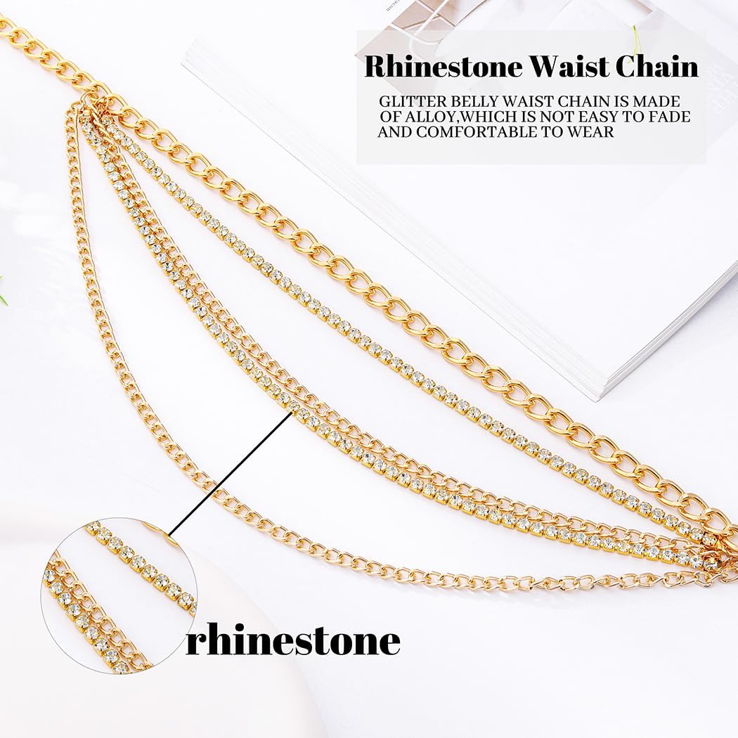 Abien Rhinestone Waist Chain Gold Crystal Chain Belt Layered Metal Belly Chain Boho Body Chain Party Bikini Jewelry for Women - Image 3