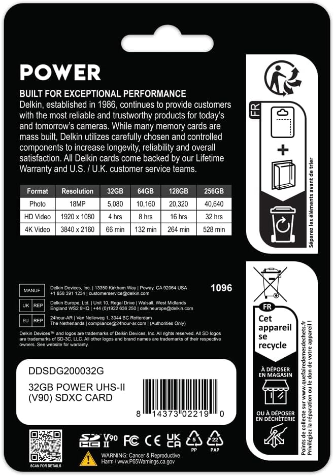 Delkin Devices Power 32GB SDHC UHS-II (U3/V90) Memory Card – 300MB/s Read, 250MB/s Write | High-Performance Card for 8K, 4K, HDR, 360º Video and Cameras