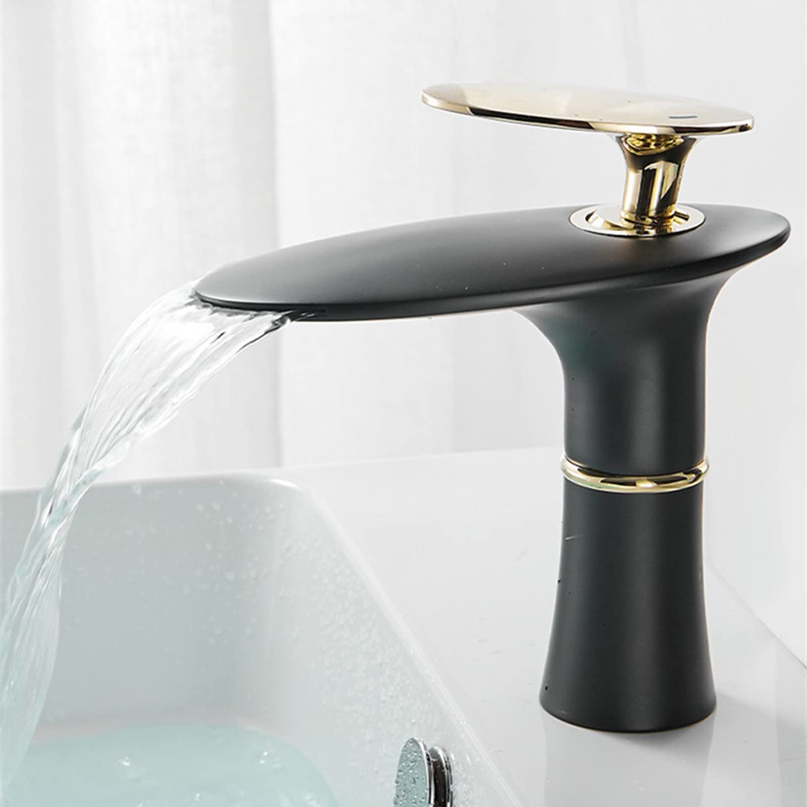 Robinet de lavabo cascade noir et or eau chaude froide, mitigeur mécanique à poignée unique